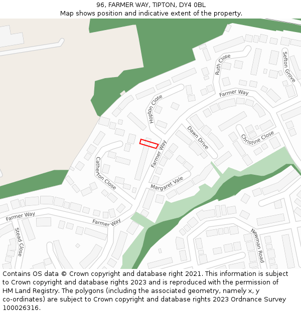 96, FARMER WAY, TIPTON, DY4 0BL: Location map and indicative extent of plot