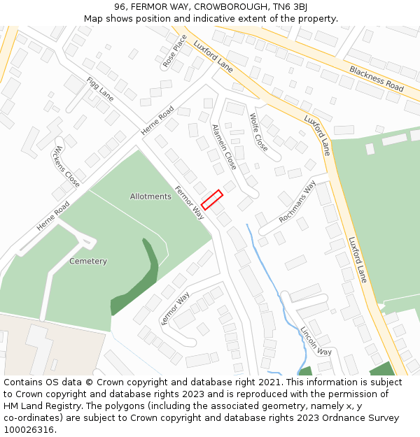 96, FERMOR WAY, CROWBOROUGH, TN6 3BJ: Location map and indicative extent of plot