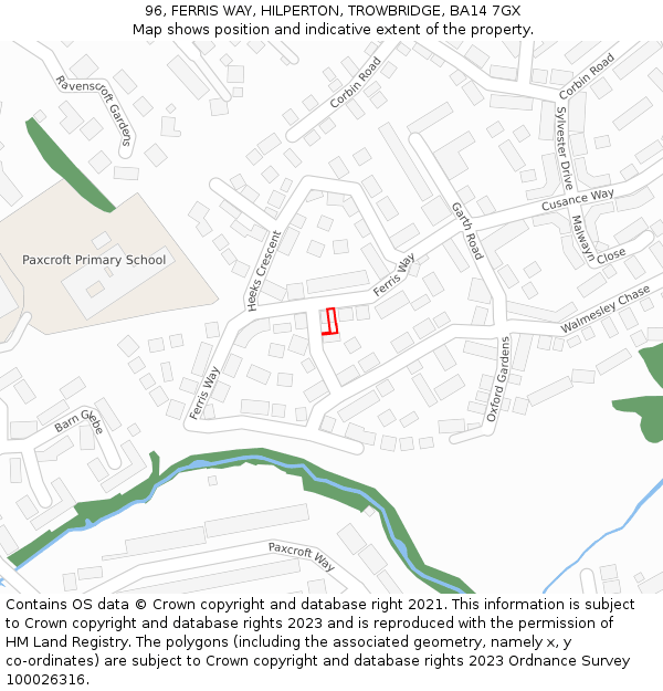 96, FERRIS WAY, HILPERTON, TROWBRIDGE, BA14 7GX: Location map and indicative extent of plot