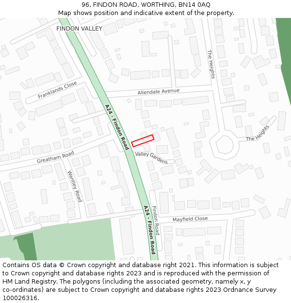 96, FINDON ROAD, WORTHING, BN14 0AQ: Location map and indicative extent of plot