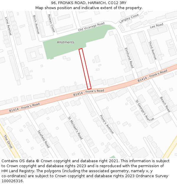 96, FRONKS ROAD, HARWICH, CO12 3RY: Location map and indicative extent of plot