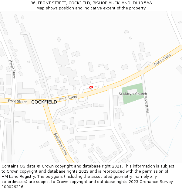 96, FRONT STREET, COCKFIELD, BISHOP AUCKLAND, DL13 5AA: Location map and indicative extent of plot