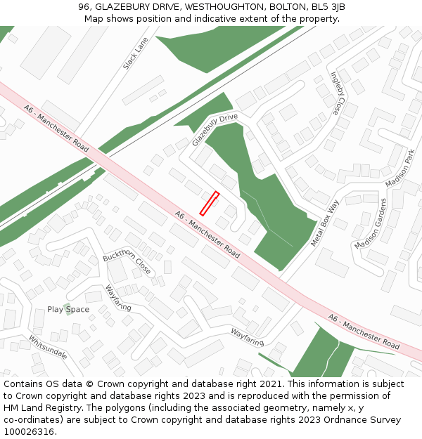 96, GLAZEBURY DRIVE, WESTHOUGHTON, BOLTON, BL5 3JB: Location map and indicative extent of plot