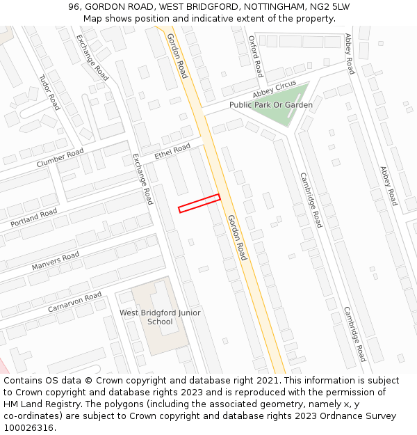 96, GORDON ROAD, WEST BRIDGFORD, NOTTINGHAM, NG2 5LW: Location map and indicative extent of plot