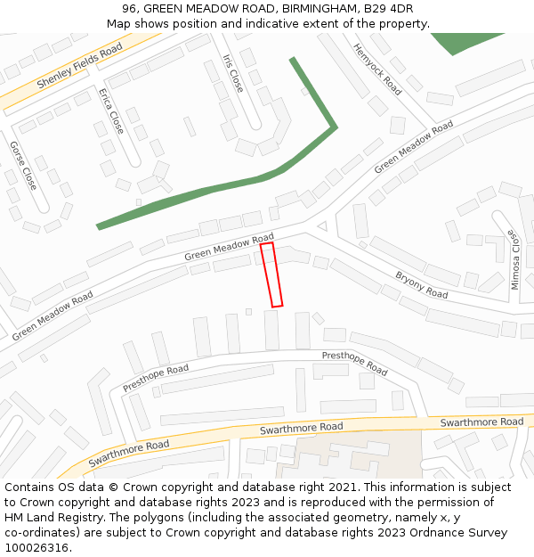 96, GREEN MEADOW ROAD, BIRMINGHAM, B29 4DR: Location map and indicative extent of plot