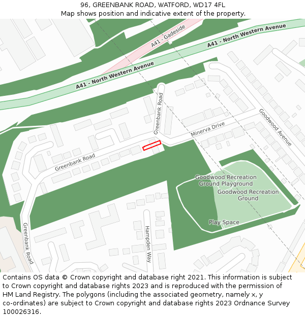 96, GREENBANK ROAD, WATFORD, WD17 4FL: Location map and indicative extent of plot