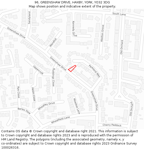 96, GREENSHAW DRIVE, HAXBY, YORK, YO32 3DG: Location map and indicative extent of plot