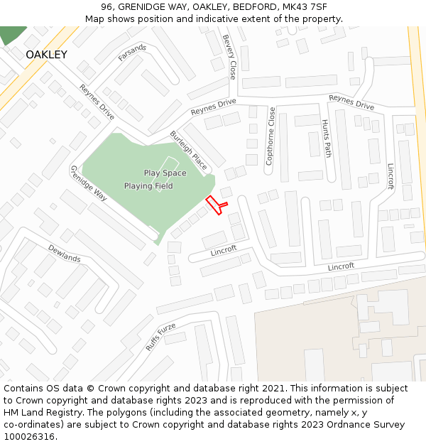 96, GRENIDGE WAY, OAKLEY, BEDFORD, MK43 7SF: Location map and indicative extent of plot