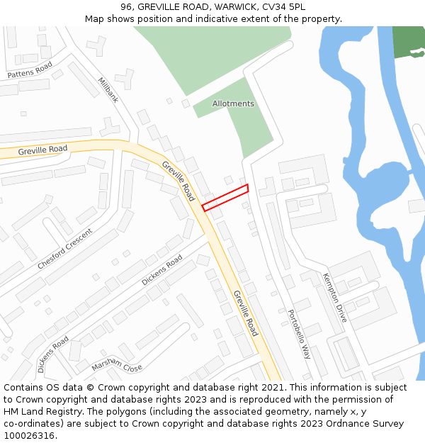 96, GREVILLE ROAD, WARWICK, CV34 5PL: Location map and indicative extent of plot