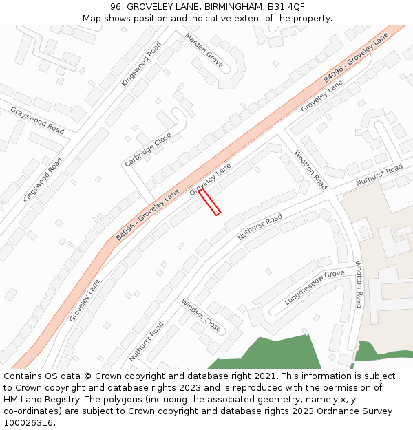 96, GROVELEY LANE, BIRMINGHAM, B31 4QF: Location map and indicative extent of plot