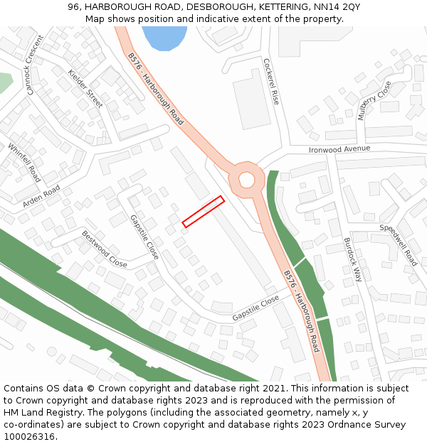 96, HARBOROUGH ROAD, DESBOROUGH, KETTERING, NN14 2QY: Location map and indicative extent of plot