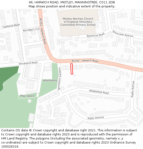 96, HARWICH ROAD, MISTLEY, MANNINGTREE, CO11 2DB: Location map and indicative extent of plot