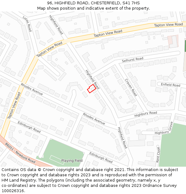 96, HIGHFIELD ROAD, CHESTERFIELD, S41 7HS: Location map and indicative extent of plot