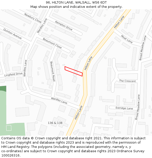 96, HILTON LANE, WALSALL, WS6 6DT: Location map and indicative extent of plot