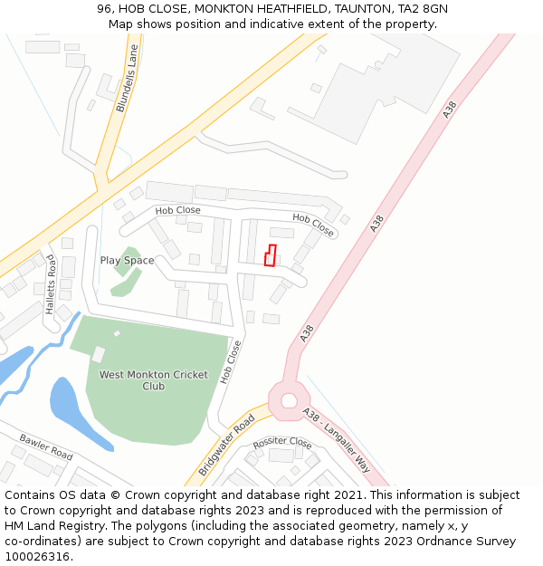 96, HOB CLOSE, MONKTON HEATHFIELD, TAUNTON, TA2 8GN: Location map and indicative extent of plot