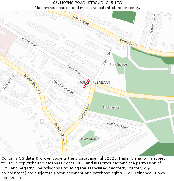 96, HORNS ROAD, STROUD, GL5 1EG: Location map and indicative extent of plot