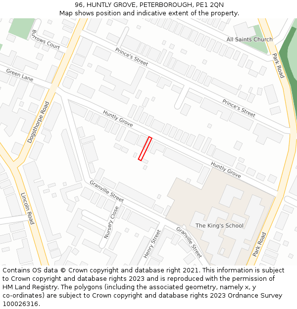 96, HUNTLY GROVE, PETERBOROUGH, PE1 2QN: Location map and indicative extent of plot