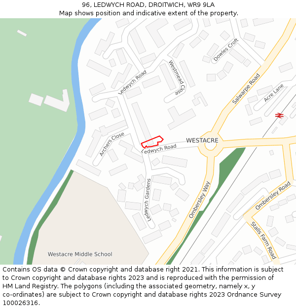 96, LEDWYCH ROAD, DROITWICH, WR9 9LA: Location map and indicative extent of plot