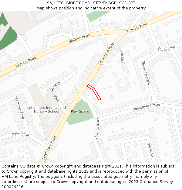 96, LETCHMORE ROAD, STEVENAGE, SG1 3PT: Location map and indicative extent of plot