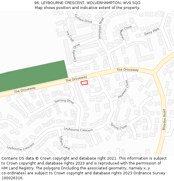 96, LEYBOURNE CRESCENT, WOLVERHAMPTON, WV9 5QG: Location map and indicative extent of plot