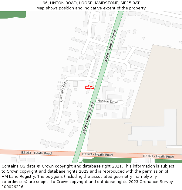 96, LINTON ROAD, LOOSE, MAIDSTONE, ME15 0AT: Location map and indicative extent of plot