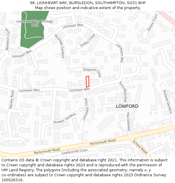 96, LIONHEART WAY, BURSLEDON, SOUTHAMPTON, SO31 8HP: Location map and indicative extent of plot