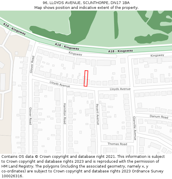 96, LLOYDS AVENUE, SCUNTHORPE, DN17 1BA: Location map and indicative extent of plot