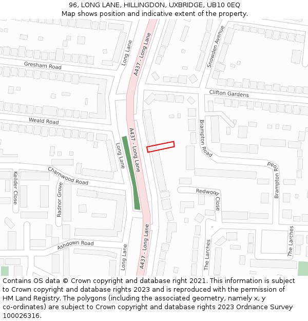 96, LONG LANE, HILLINGDON, UXBRIDGE, UB10 0EQ: Location map and indicative extent of plot