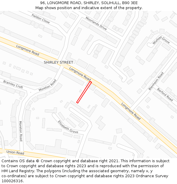 96, LONGMORE ROAD, SHIRLEY, SOLIHULL, B90 3EE: Location map and indicative extent of plot