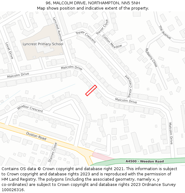 96, MALCOLM DRIVE, NORTHAMPTON, NN5 5NH: Location map and indicative extent of plot