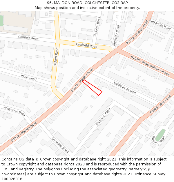 96, MALDON ROAD, COLCHESTER, CO3 3AP: Location map and indicative extent of plot