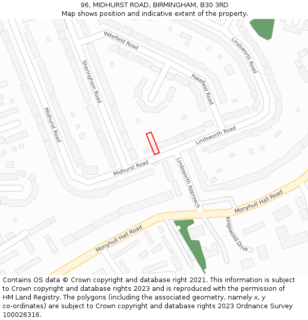 96, MIDHURST ROAD, BIRMINGHAM, B30 3RD: Location map and indicative extent of plot