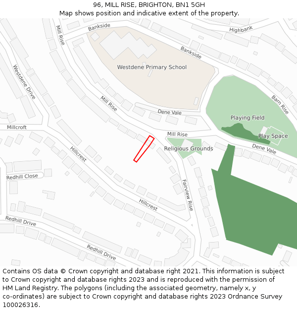 96, MILL RISE, BRIGHTON, BN1 5GH: Location map and indicative extent of plot