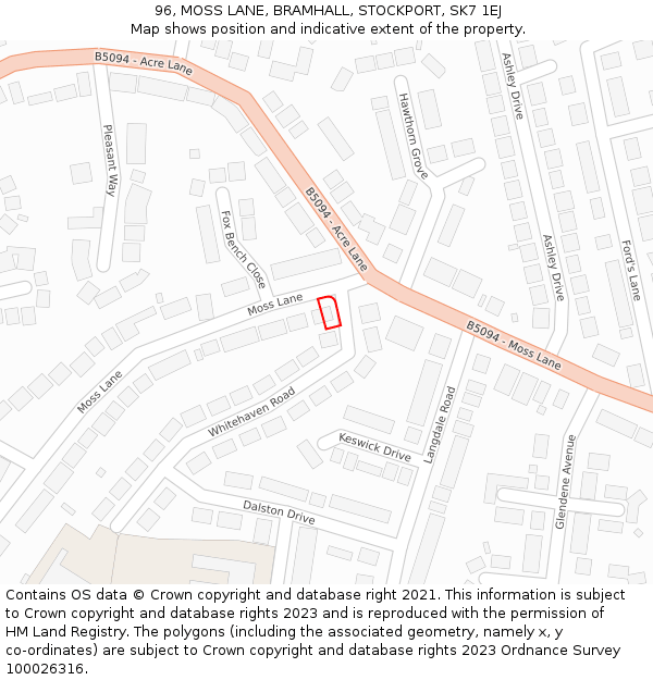 96, MOSS LANE, BRAMHALL, STOCKPORT, SK7 1EJ: Location map and indicative extent of plot