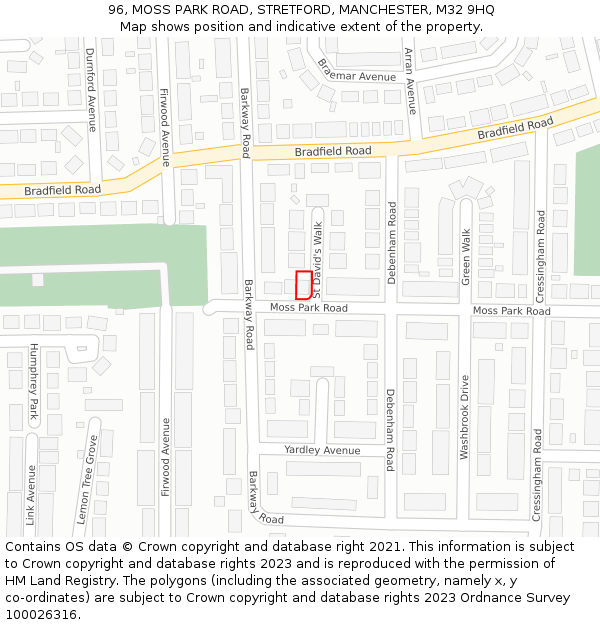 96, MOSS PARK ROAD, STRETFORD, MANCHESTER, M32 9HQ: Location map and indicative extent of plot