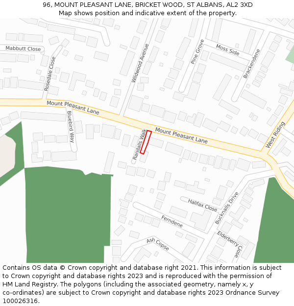 96, MOUNT PLEASANT LANE, BRICKET WOOD, ST ALBANS, AL2 3XD: Location map and indicative extent of plot