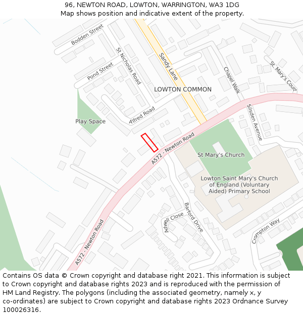 96, NEWTON ROAD, LOWTON, WARRINGTON, WA3 1DG: Location map and indicative extent of plot