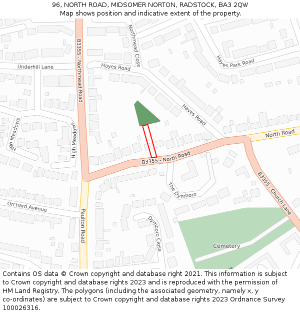 96, NORTH ROAD, MIDSOMER NORTON, RADSTOCK, BA3 2QW: Location map and indicative extent of plot