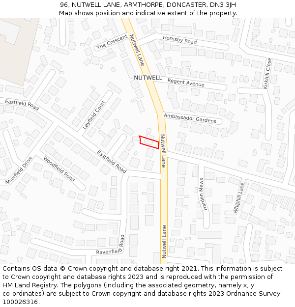 96, NUTWELL LANE, ARMTHORPE, DONCASTER, DN3 3JH: Location map and indicative extent of plot