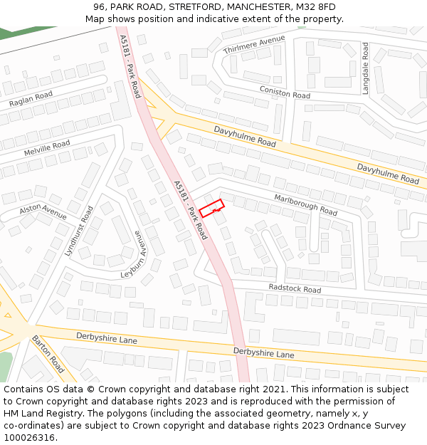 96, PARK ROAD, STRETFORD, MANCHESTER, M32 8FD: Location map and indicative extent of plot