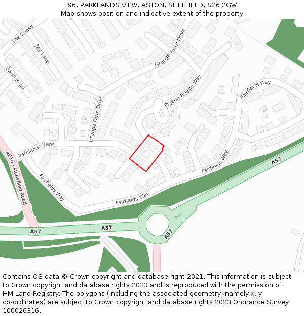 96, PARKLANDS VIEW, ASTON, SHEFFIELD, S26 2GW: Location map and indicative extent of plot