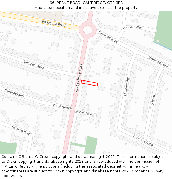 96, PERNE ROAD, CAMBRIDGE, CB1 3RR: Location map and indicative extent of plot