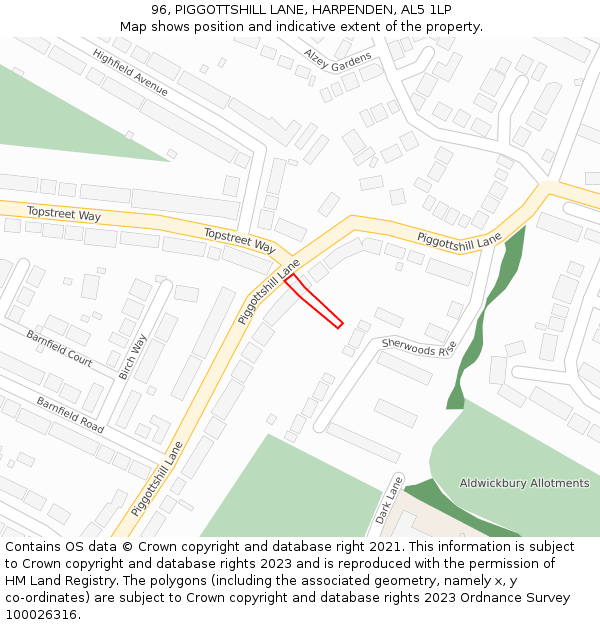 96, PIGGOTTSHILL LANE, HARPENDEN, AL5 1LP: Location map and indicative extent of plot