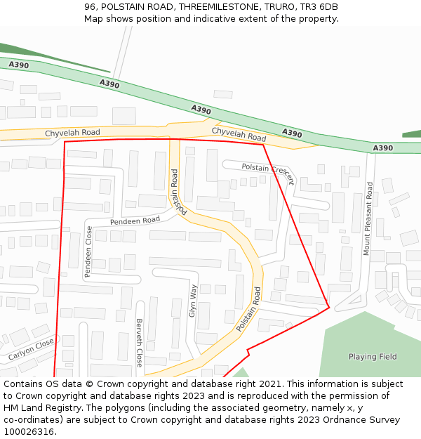 96, POLSTAIN ROAD, THREEMILESTONE, TRURO, TR3 6DB: Location map and indicative extent of plot