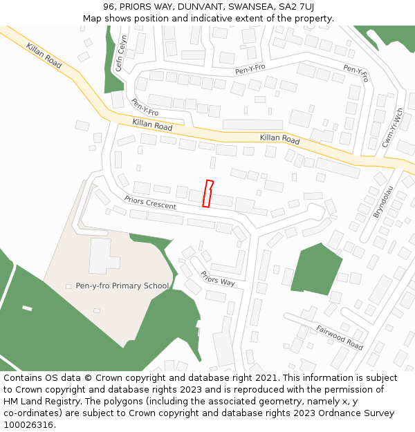 96, PRIORS WAY, DUNVANT, SWANSEA, SA2 7UJ: Location map and indicative extent of plot