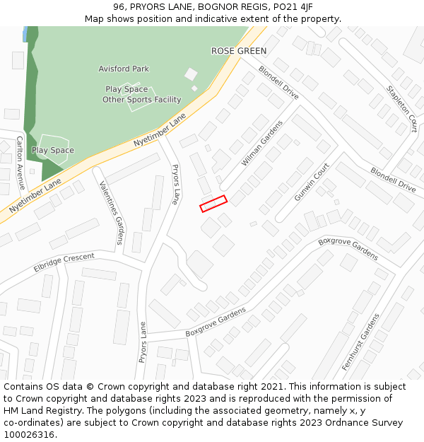 96, PRYORS LANE, BOGNOR REGIS, PO21 4JF: Location map and indicative extent of plot