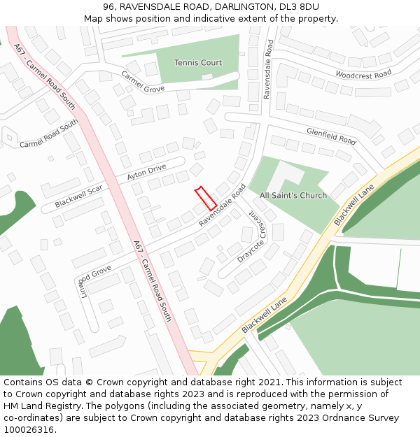 96, RAVENSDALE ROAD, DARLINGTON, DL3 8DU: Location map and indicative extent of plot