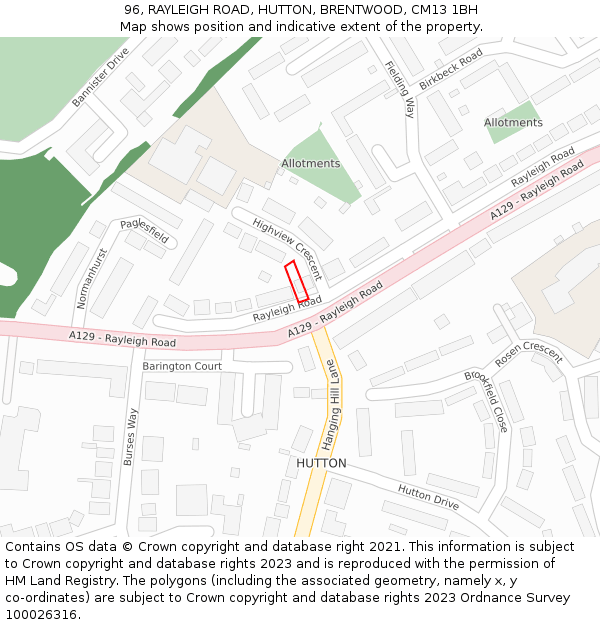 96, RAYLEIGH ROAD, HUTTON, BRENTWOOD, CM13 1BH: Location map and indicative extent of plot