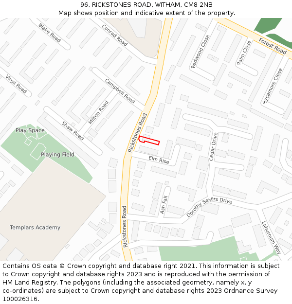 96, RICKSTONES ROAD, WITHAM, CM8 2NB: Location map and indicative extent of plot