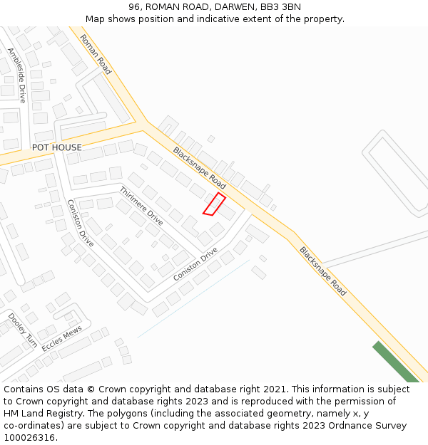 96, ROMAN ROAD, DARWEN, BB3 3BN: Location map and indicative extent of plot